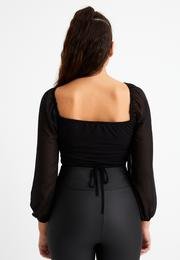  Ecrou Kadın Siyah Önü Büzgülü Kolları Tül Detay Bluz