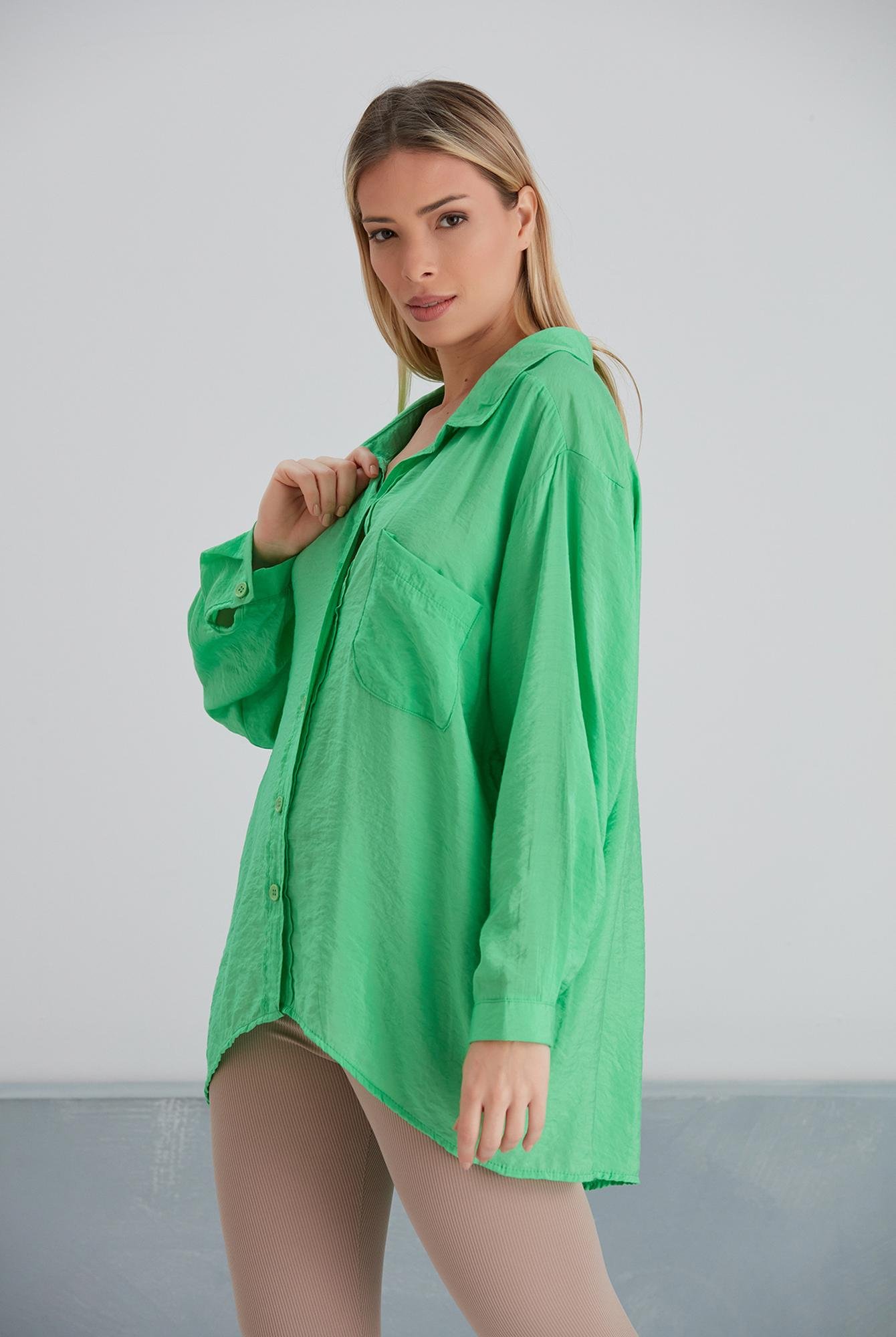  Yoyoso Kadın Yeşil Salaş Kalıp Uzun Kol Parlak Gömlek