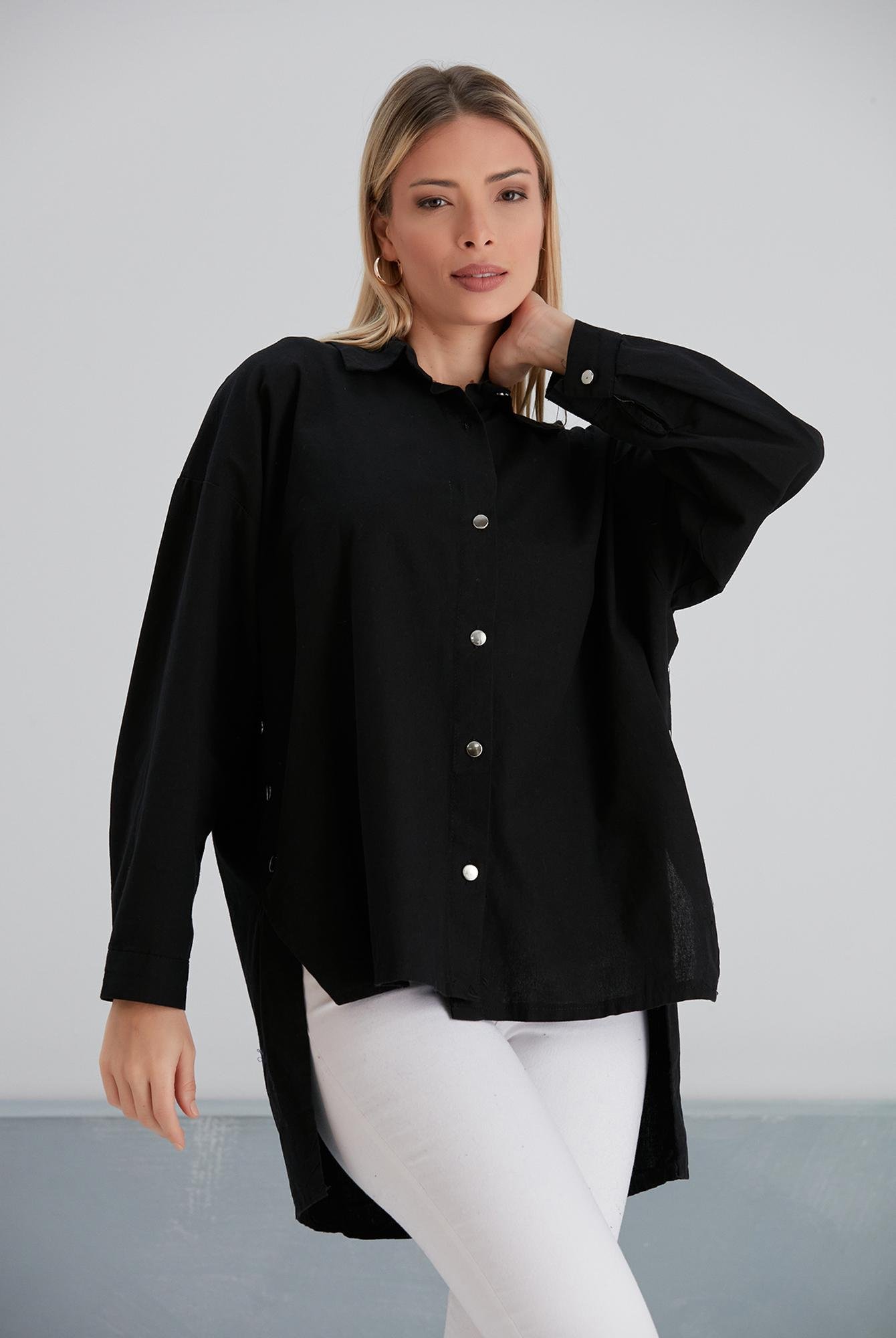  Ecrou Kadın Siyah Yanı Düğme Detay Oversize Gömlek