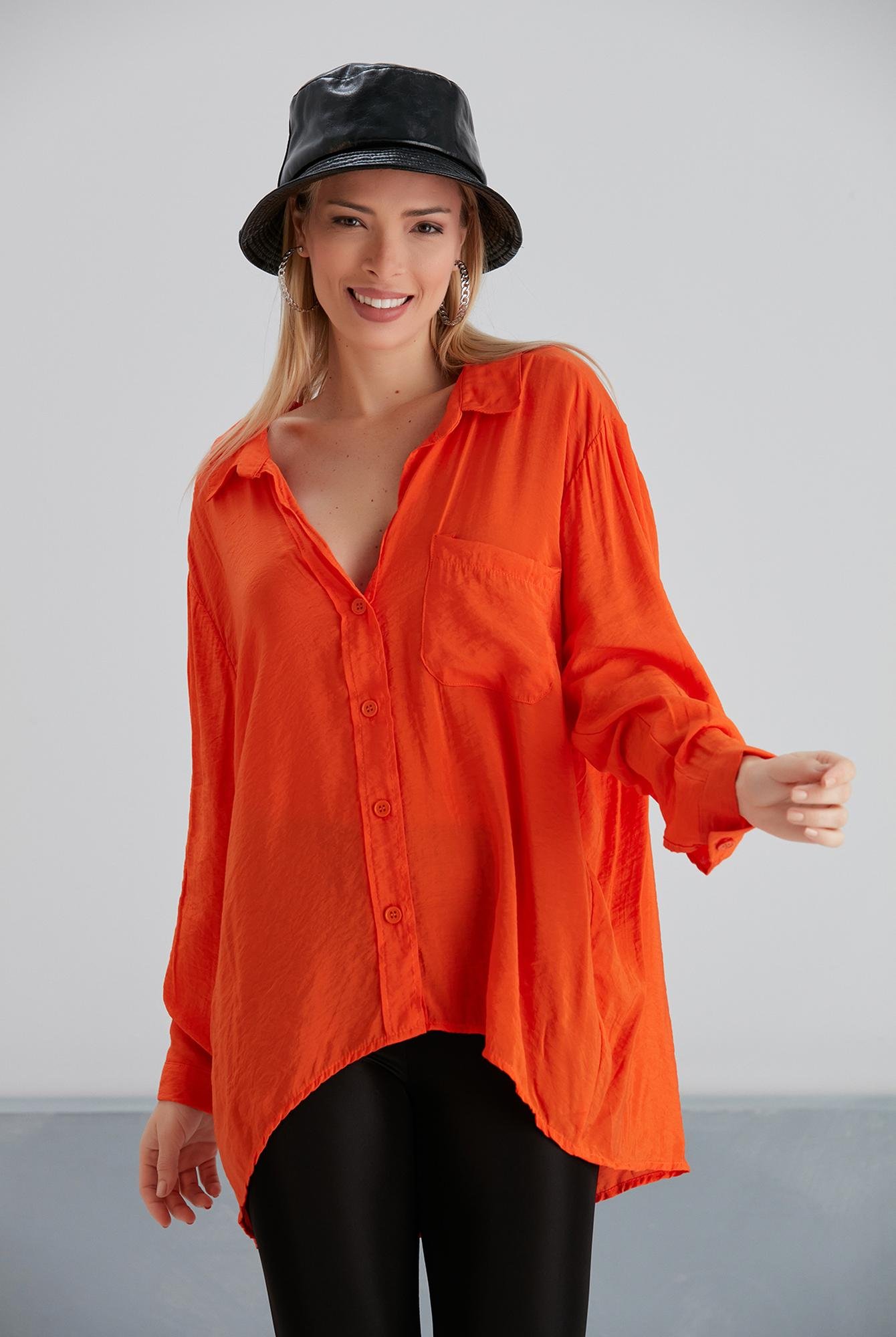  Yoyoso Kadın Oranj Salaş Kalıp Uzun Kol Parlak Gömlek