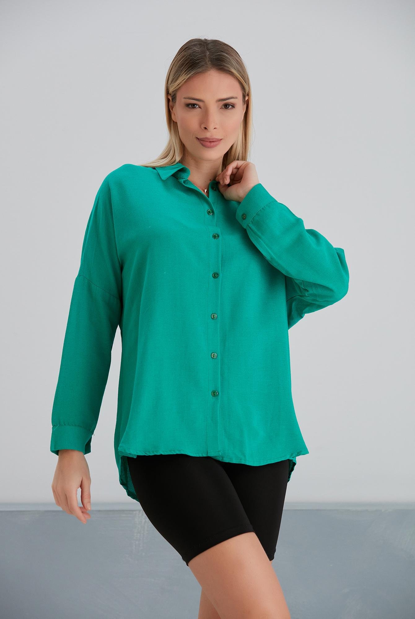  Ecrou Kadın Zeytin Yeşili Oversize Basic Keten Gömlek