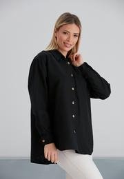  Ecrou Kadın Siyah Çapraz Cepli Ahşap Düğmeli Oversize Keten Görünüm Gömlek