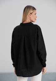  Ecrou Kadın Siyah Çapraz Cepli Ahşap Düğmeli Oversize Keten Görünüm Gömlek