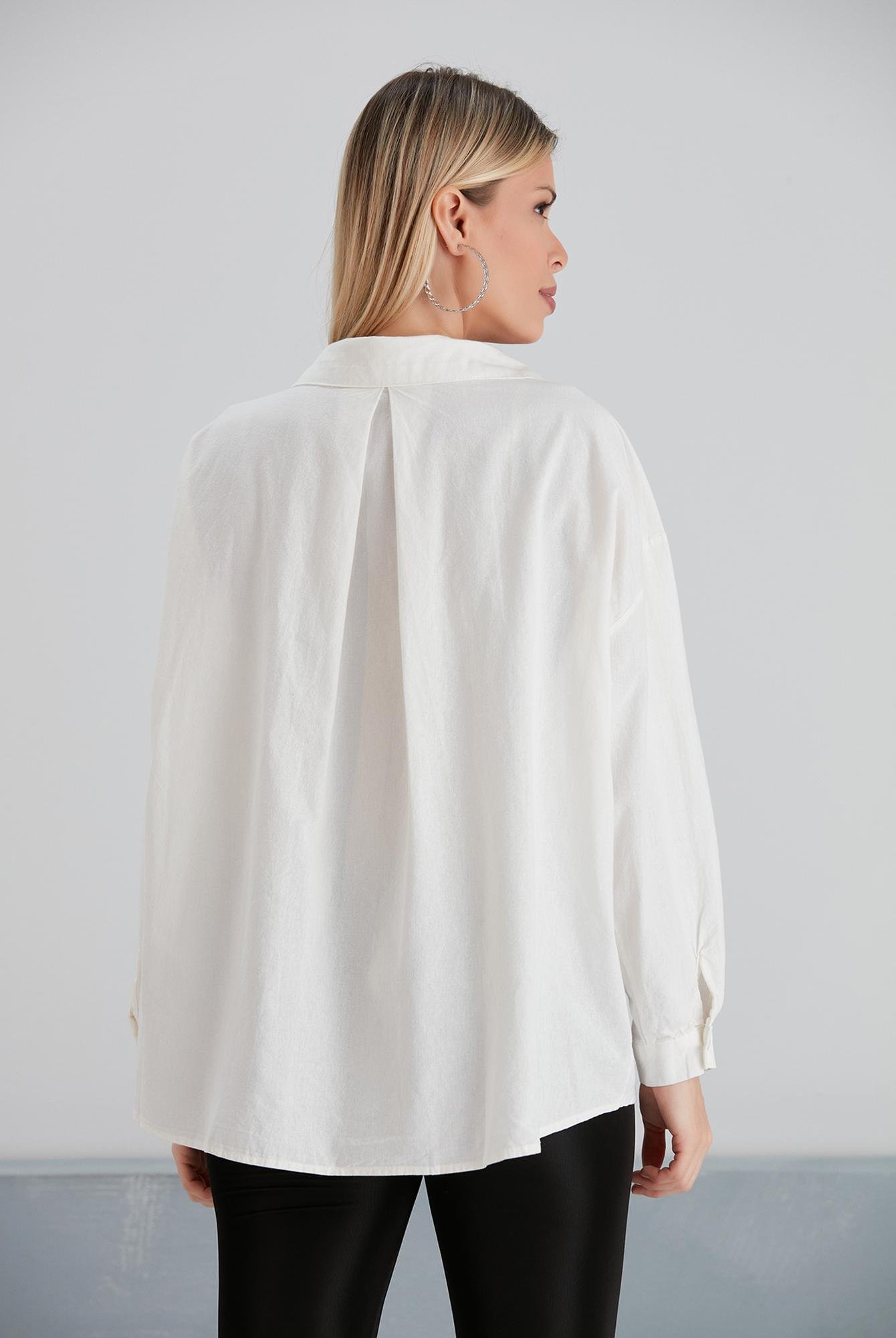  Ecrou Kadın Beyaz Tek Cepli Oversize Poplin Gömlek