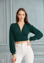  Ecrou Kadın Yeşil V Yaka Büzgülü Şık Crop Bluz
