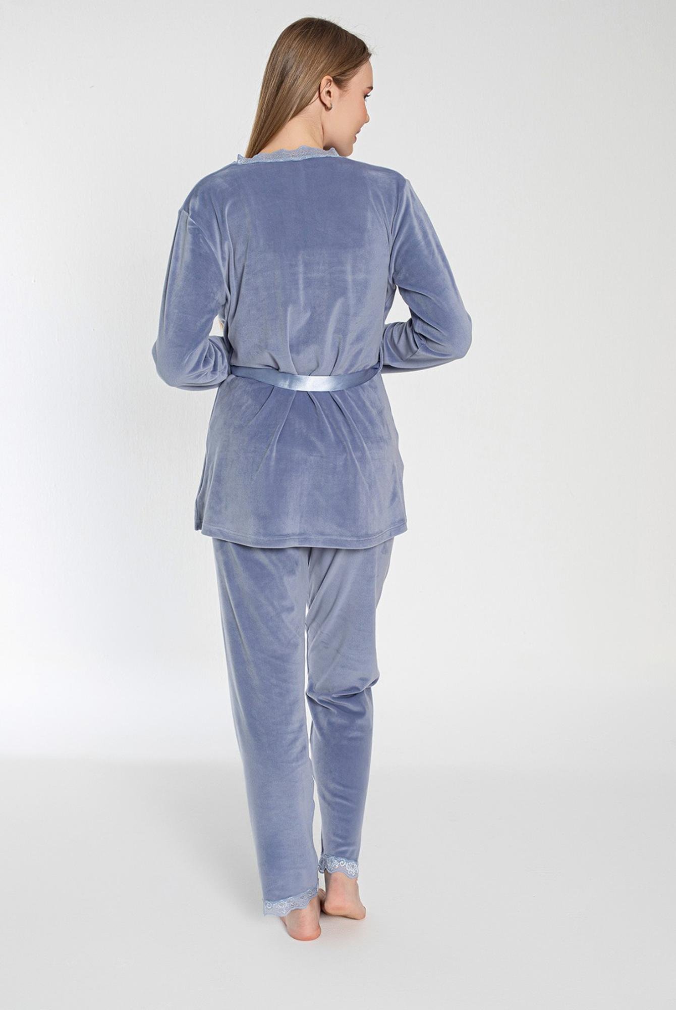  Ecrou Mavi Soft Kadife Truvakar Kol İp Askılı Pantolon 3Lü Pijama Takım