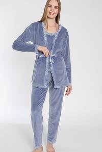 Ecrou Mavi Soft Kadife Truvakar Kol İp Askılı Pantolon 3Lü Pijama Takım