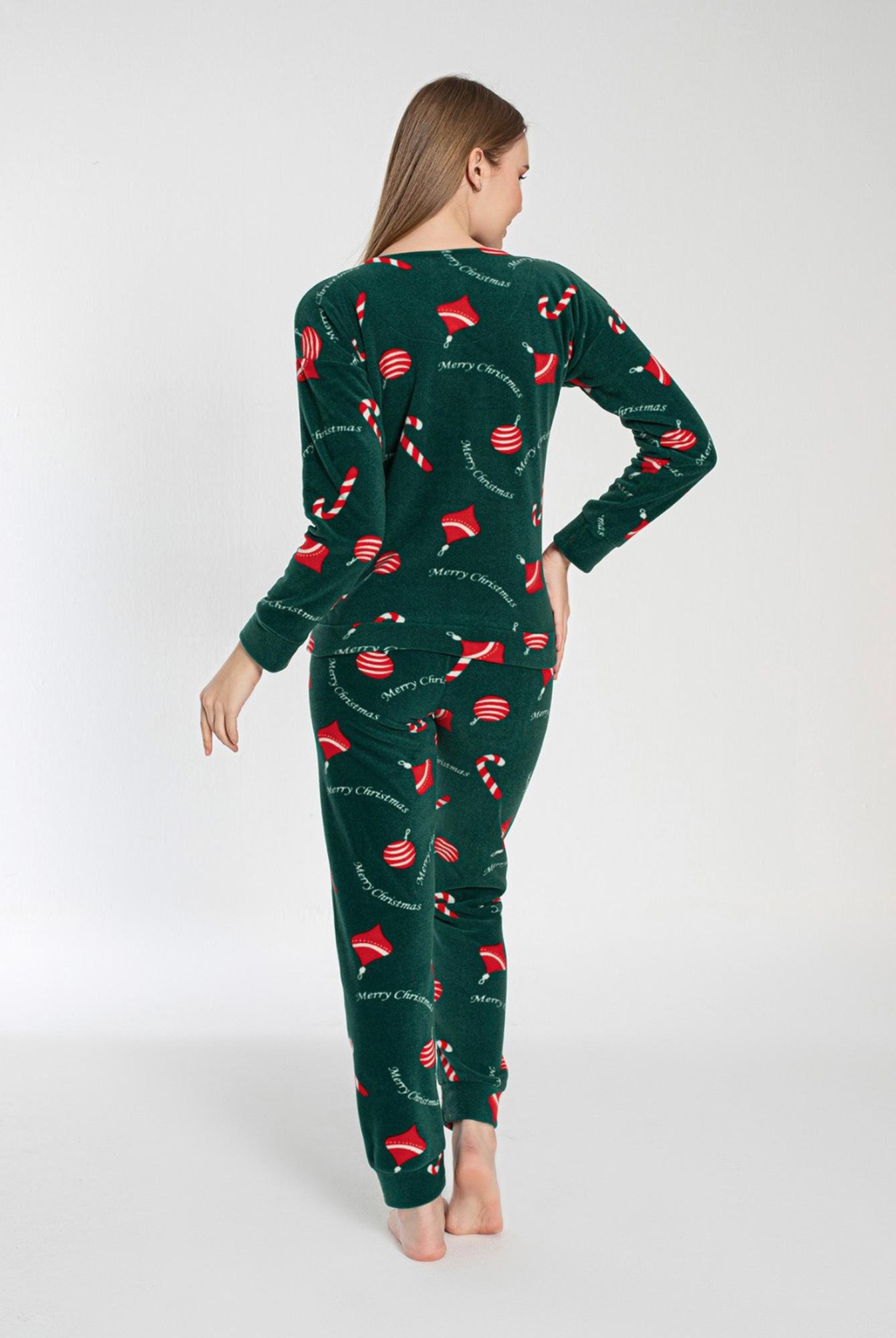  Ecrou Kadın Yeşil DONUT Yılbaşı Kanguru Cep Pijama Sweat Takım