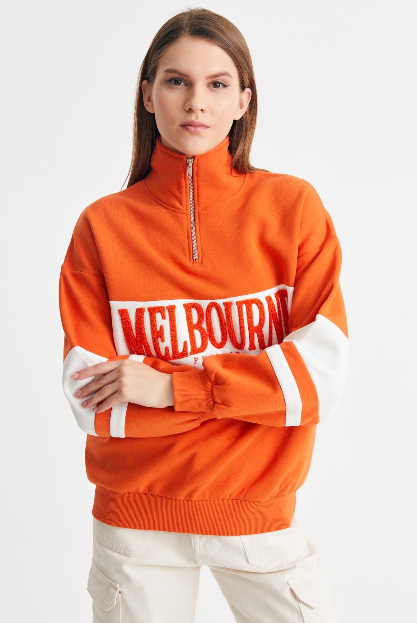  Ecrou Kadın Oranj Melbourne Aplike Dik Yaka Yarım Fermuar Sweat