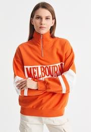  Ecrou Kadın Oranj Melbourne Aplike Dik Yaka Yarım Fermuar Sweat