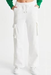  Ecrou Kadın Beyaz Kargo Cepli Paçası Latik Detay Örme Pantolon