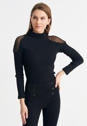  Ecrou Kadın Siyah Omuzları Tül Detay Boğazlı Kaşkorse Bluz