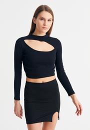  Ecrou Kadın Siyah Dik Yaka Göğsü Pencereli Crop Body