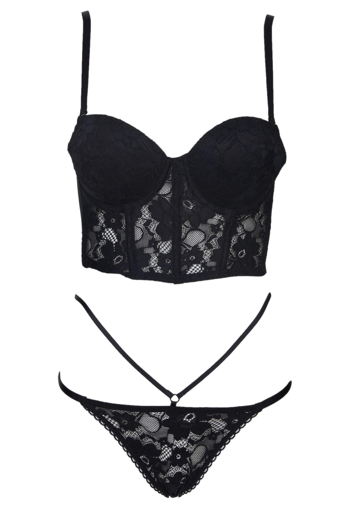  Ecrou Kadın Siyah Korseli Dantelli Soft Bralet Çift İpli Külot Takım
