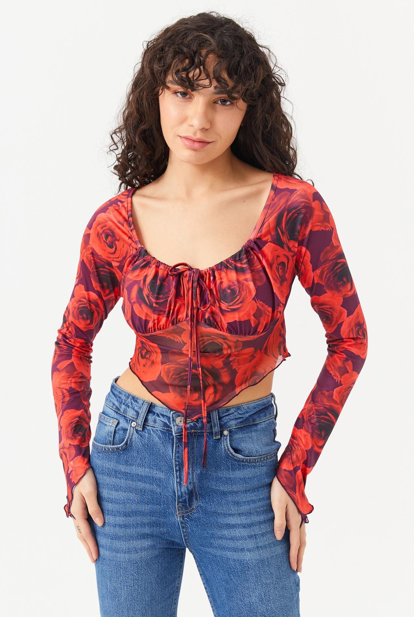  Ecrou Kadın Kırmızı Önü Drapeli Altı Tül Detay Crop Bluz