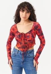  Ecrou Kadın Kırmızı Önü Drapeli Altı Tül Detay Crop Bluz