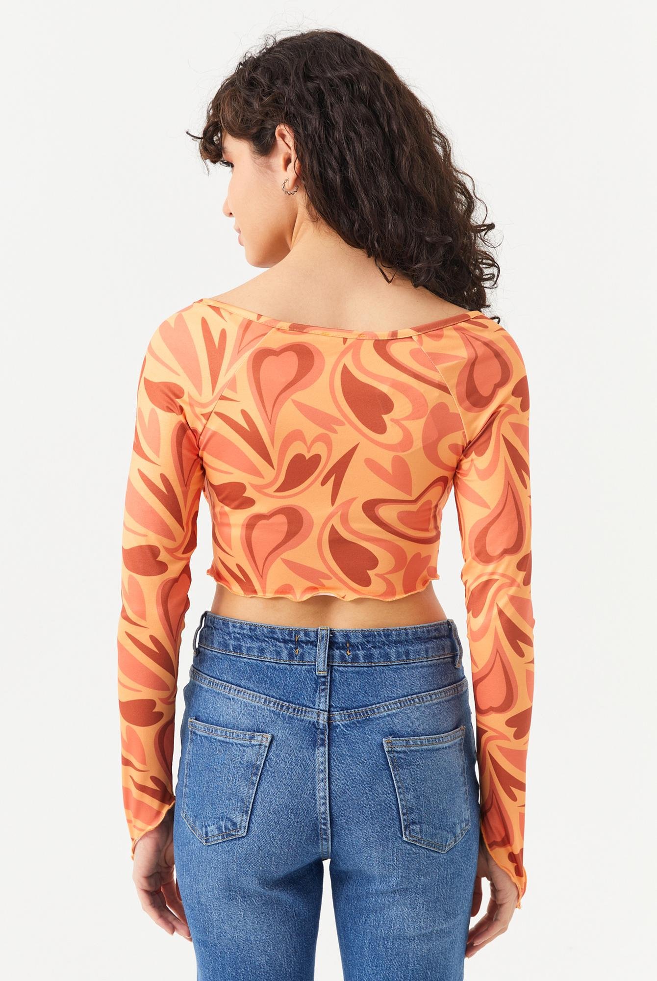  Ecrou Kadın Oranj Önü Drapeli Altı Tül Detay Crop Bluz