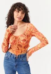  Ecrou Kadın Oranj Önü Drapeli Altı Tül Detay Crop Bluz