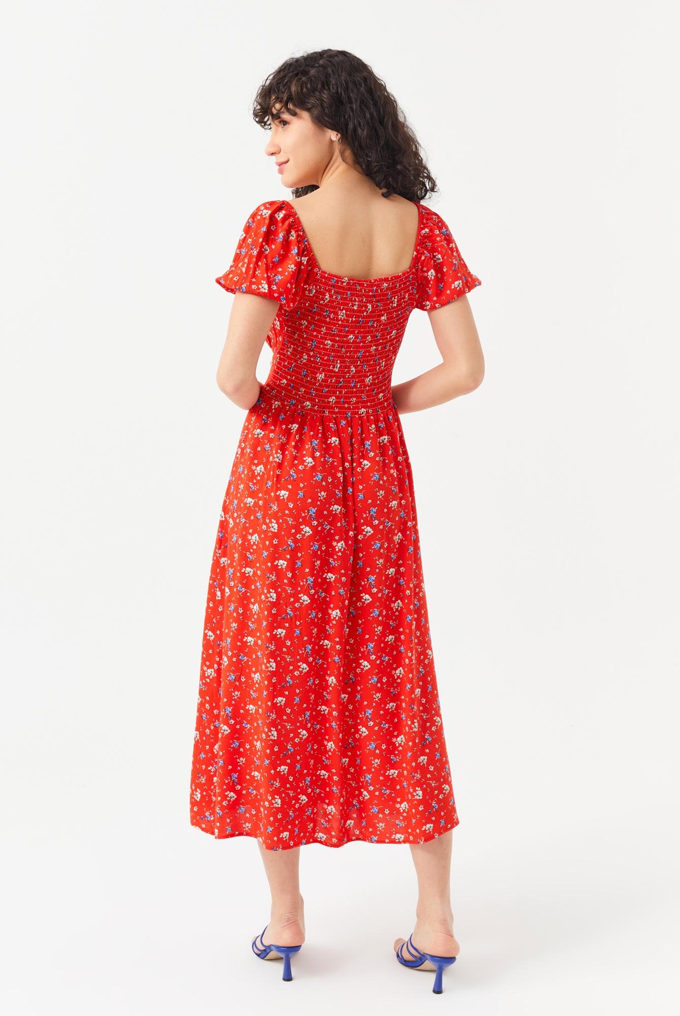  Ecrou Kadın Kırmızı Sırtı Gipeli Önü Bağcıklı Çiçek Desen Midi Elbise