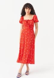  Ecrou Kadın Kırmızı Sırtı Gipeli Önü Bağcıklı Çiçek Desen Midi Elbise