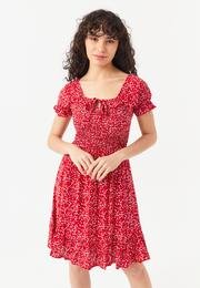  Ecrou Kadın Kırmızı Gipeli Çıtır Çiçek Desen Mini Elbise