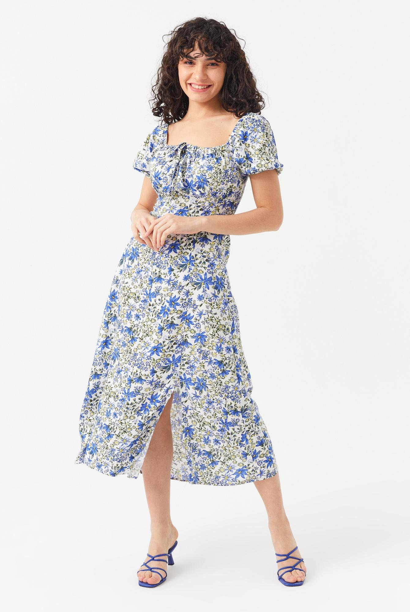  Ecrou Kadın Mavi Sırtı Gipeli Önü Bağcıklı Çiçek Desen Midi Elbise