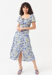  Ecrou Kadın Mavi Sırtı Gipeli Önü Bağcıklı Çiçek Desen Midi Elbise