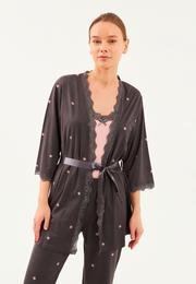  Ecrou Kadın Antra Yıldız İp Askılı Truvakar Kol Uzun Alt 3Lü Pijama Takım