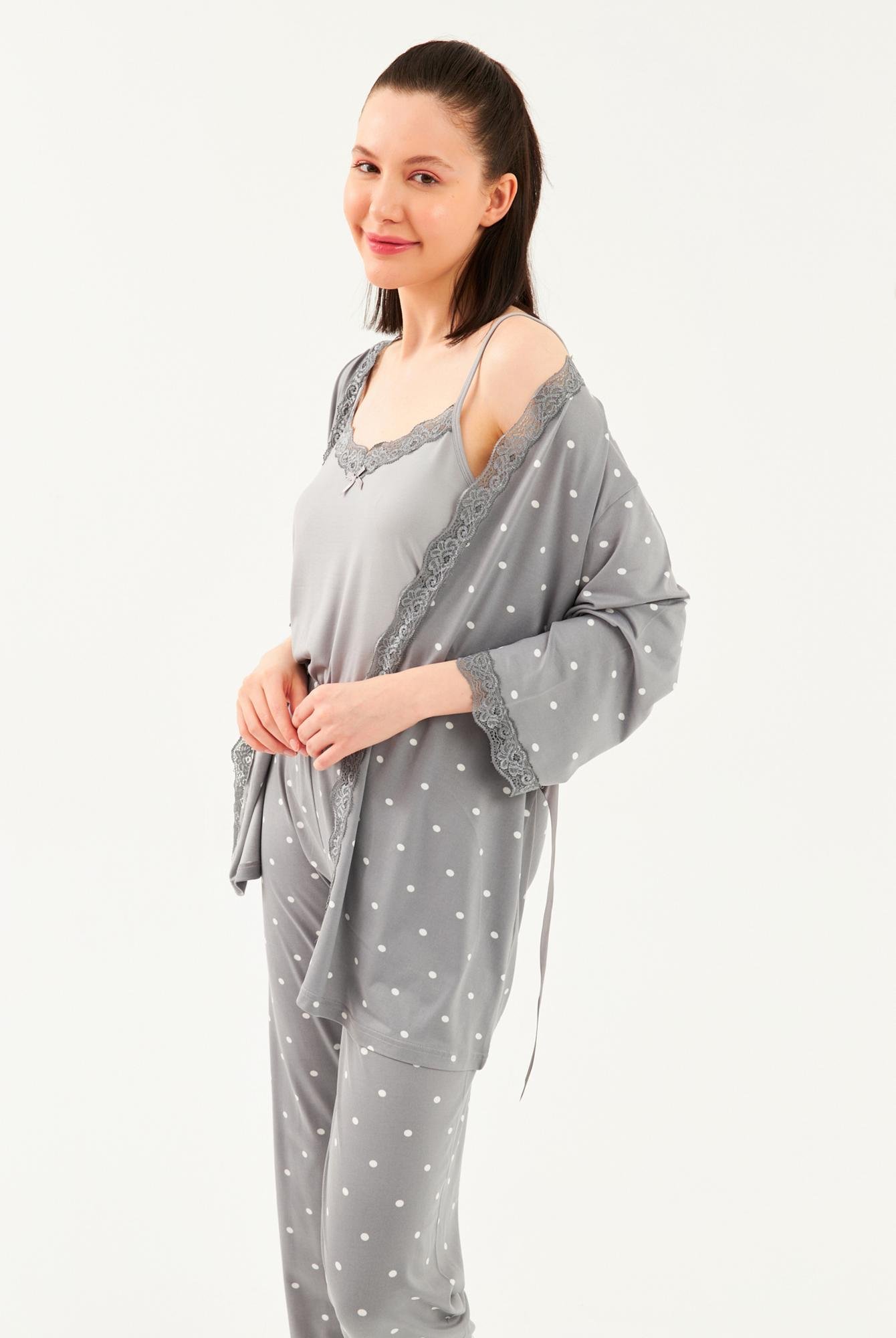  Ecrou Kadın Gri Puanlı İp Askılı Truvakar Kol Uzun Alt 3Lü Pijama Takım