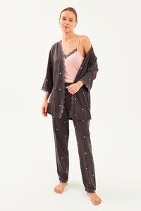  Ecrou Kadın Antra Yıldız İp Askılı Truvakar Kol Uzun Alt 3Lü Pijama Takım