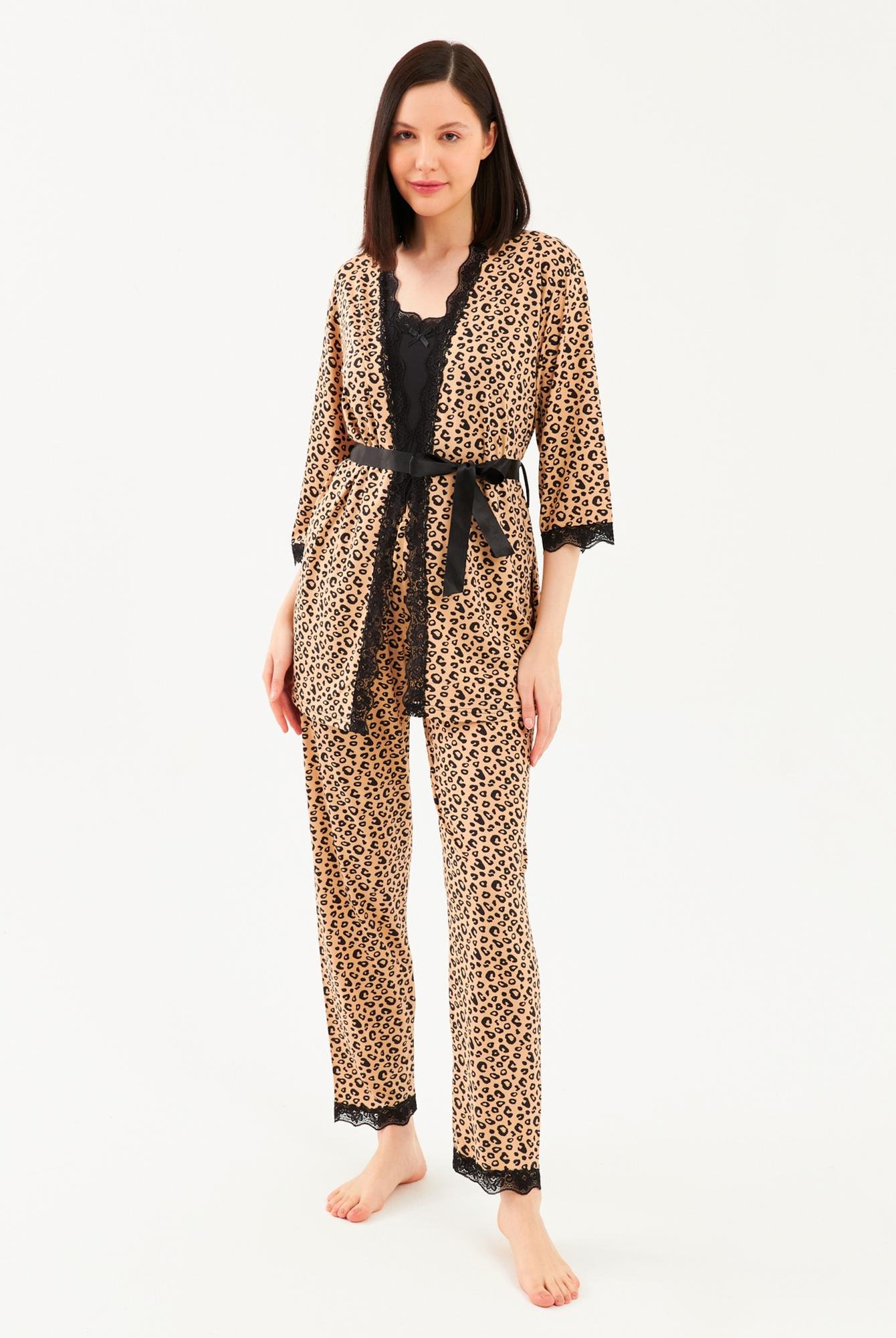  Ecrou Kadın Siyah Leopar İp Askılı Truvakar Kol Uzun Alt 3Lü Pijama Takım