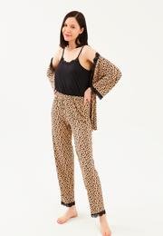  Ecrou Kadın Siyah Leopar İp Askılı Truvakar Kol Uzun Alt 3Lü Pijama Takım