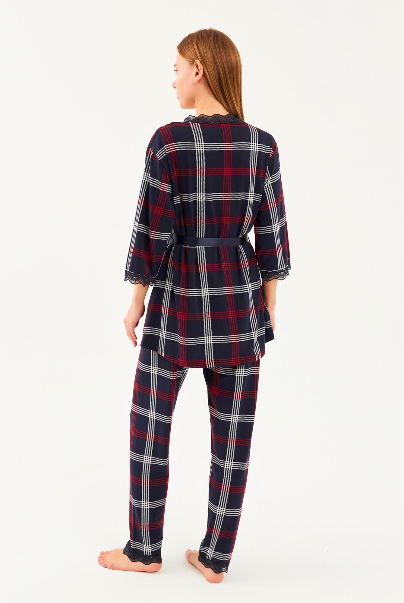  Ecrou Kadın Lacivert Ekose İp Askılı Truvakar Kol Uzun Alt 3Lü Pijama Takım