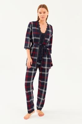 Ecrou Kadın Lacivert Ekose İp Askılı Truvakar Kol Uzun Alt 3Lü Pijama Takım