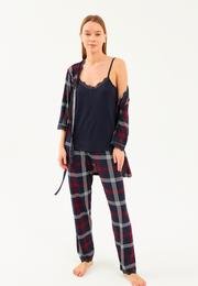  Ecrou Kadın Lacivert Ekose İp Askılı Truvakar Kol Uzun Alt 3Lü Pijama Takım