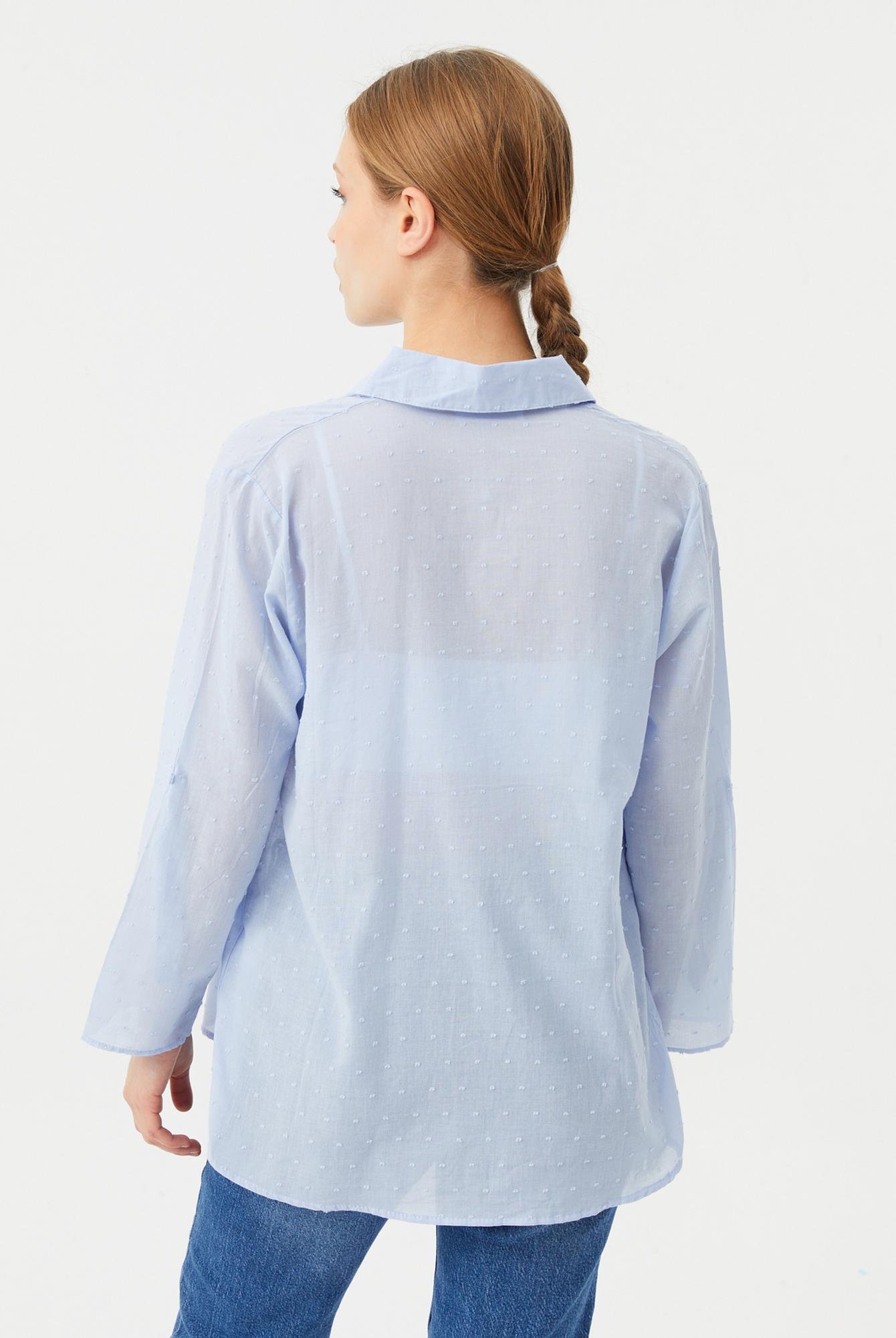  Ecrou Kadın Bebek Mavi Kolu Katlamalı Kesme Ponpon Desen Regular Fit Gömlek