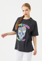  Ecrou Kadın Antrasit Peace Of Mind Baskılı Yıkamalı Oversize Tshirt