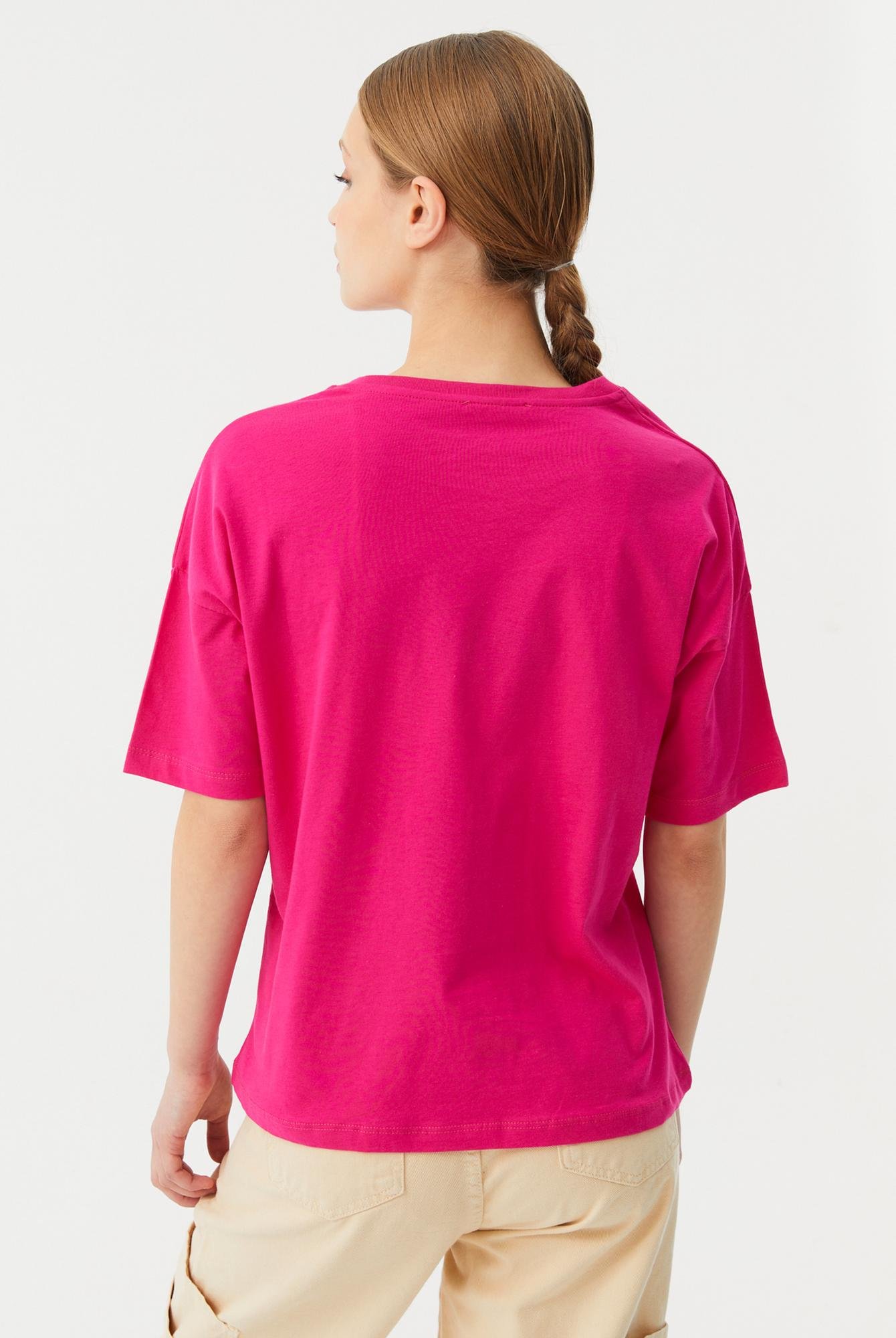  Ecrou Kadın Fuşya Düşük Kol Oversize Basic Tshirt