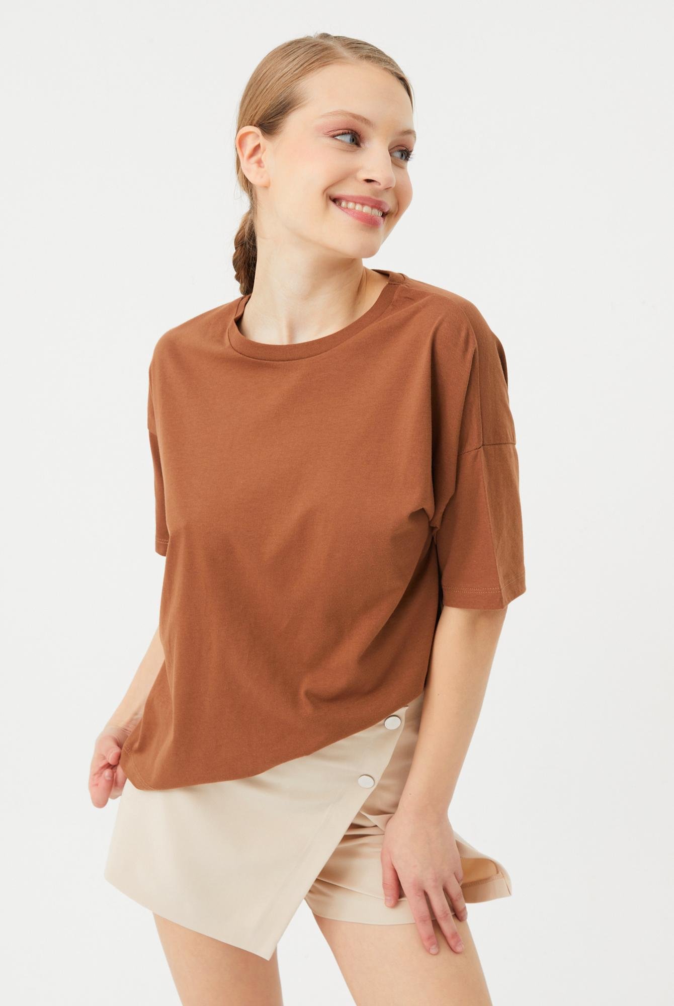  Ecrou Kadın Karamel Düşük Kol Oversize Basic Tshirt