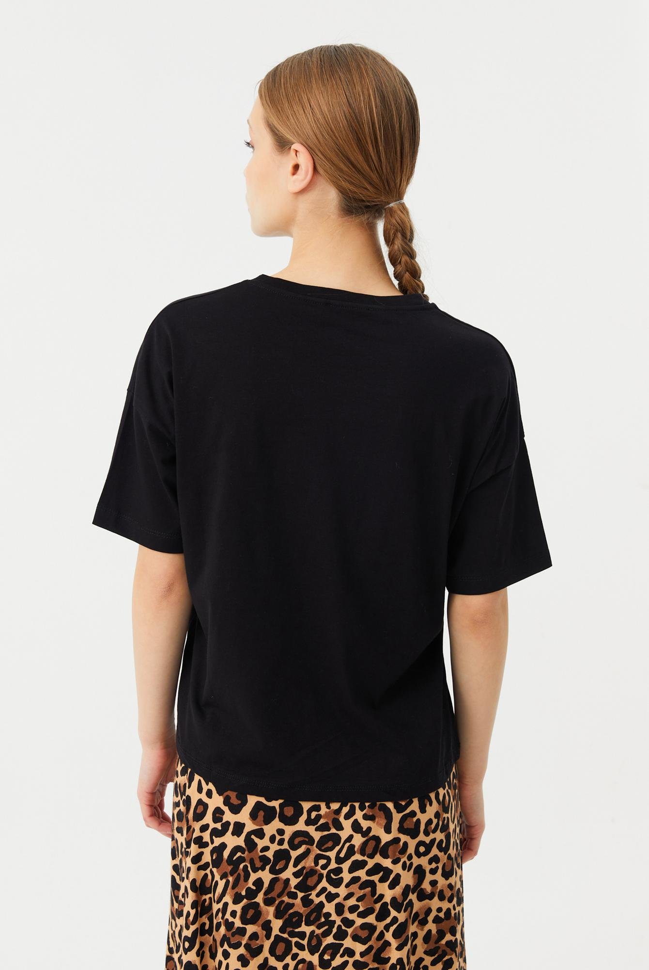  Ecrou Kadın Siyah Düşük Kol Oversize Basic Tshirt