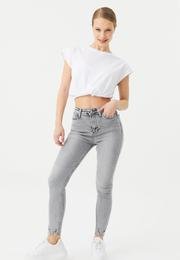  Ecrou Kadın Gri Paçası Lazer Kesim Skinny Jeans