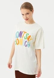  Ecrou Kadın Bej Renkli Dont Say Yazı Baskı Oversize Tshirt