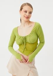  Ecrou Kadın Neon Yeşil Önü Drapeli Altı Tül Detay Crop Bluz