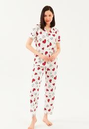  Ecrou Kadın Beyaz Kırmızı Kapli Düğmeli Kısa Kol Pijama Takım