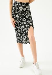  Ecrou Kadın Siyah Crop Bluz Çiçekli Midi Boy Etekli Takım