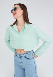  Ecrou Kadın Yeşil Göğüs Cepli Çizgili Crop Gömlek