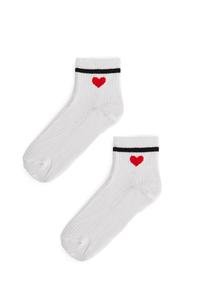  Ecrou Kalp Çizgi Desenli Beyaz Yarım Konç Çorap