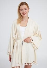  Ecrou Kadın Bej Kol Ve Etek Ucu Püsküllü Kimono Ceket