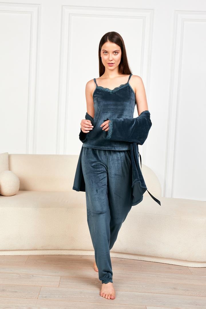 Ecrou Kadın Petrol Soft Kadife Truvakar Kol İp Askılı Pantolon 3Lü Pijama Takım