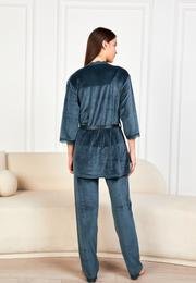  Ecrou Kadın Petrol Soft Kadife Truvakar Kol İp Askılı Pantolon 3Lü Pijama Takım